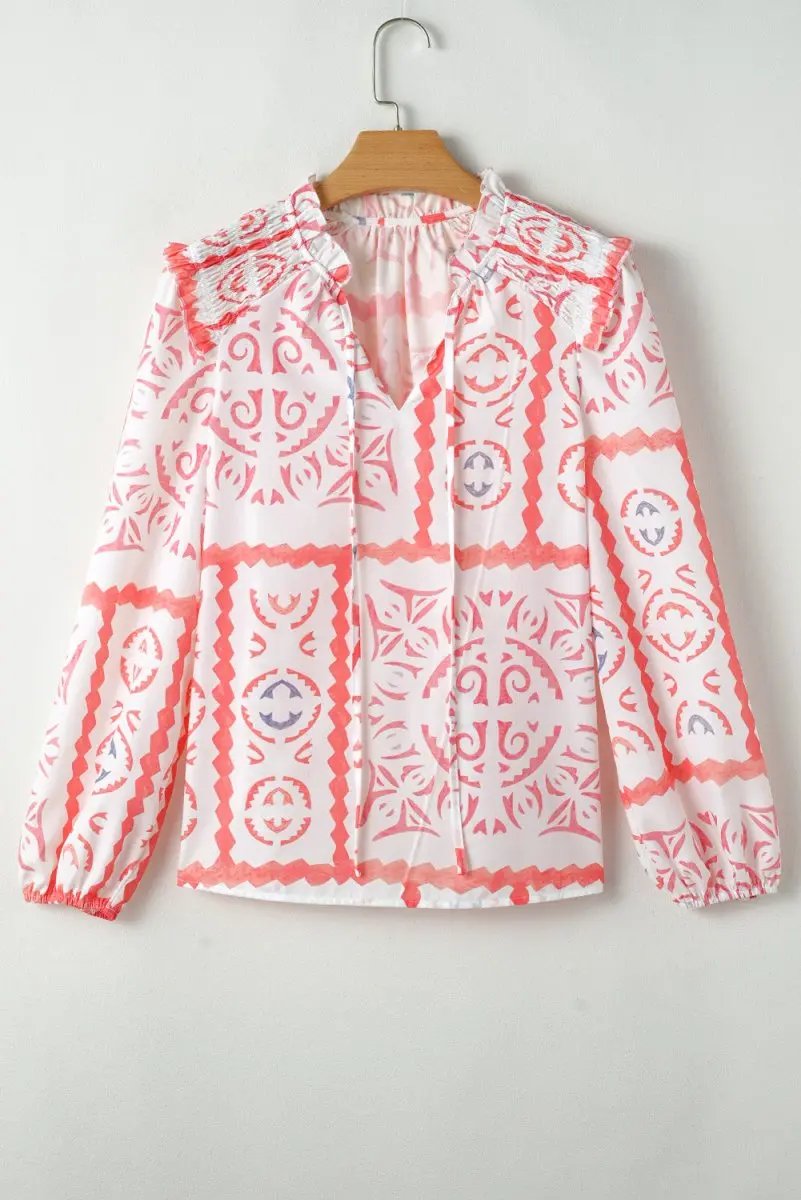 Desert Flower Vintage Print Smocked Poet Collar Blouse - Love Salve